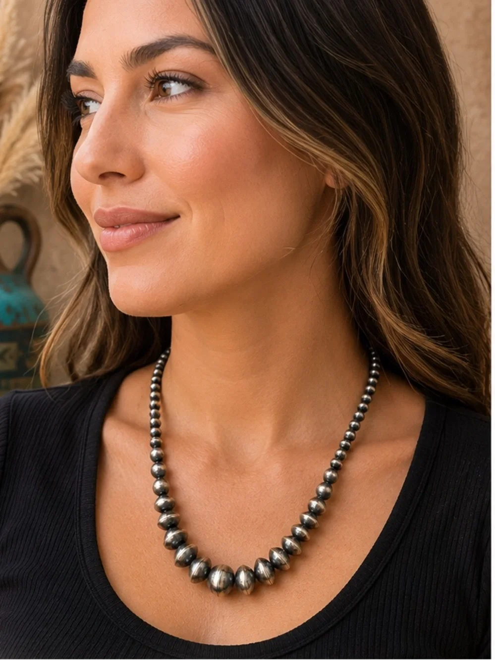 NWT Navajo Pearl Sterling Silver Graduated Bead Necklace 15” + 2” Ext Southwest